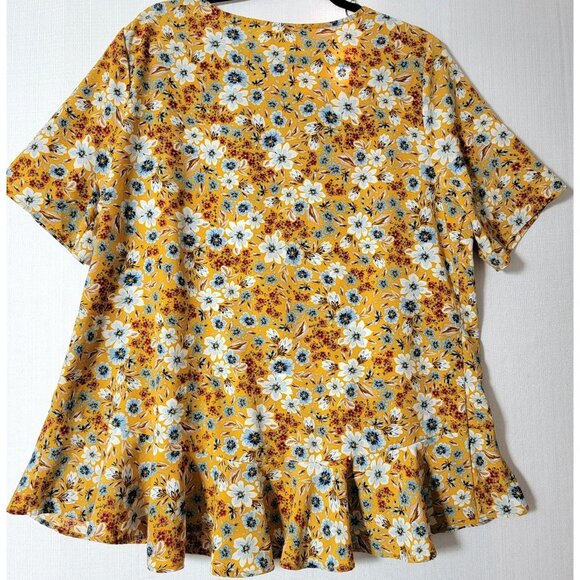 Time and Tru Womens Tunic Top Plus Size XL 16/18 Yellow Floral Ruffled Peplum - Picture 2 of 12
